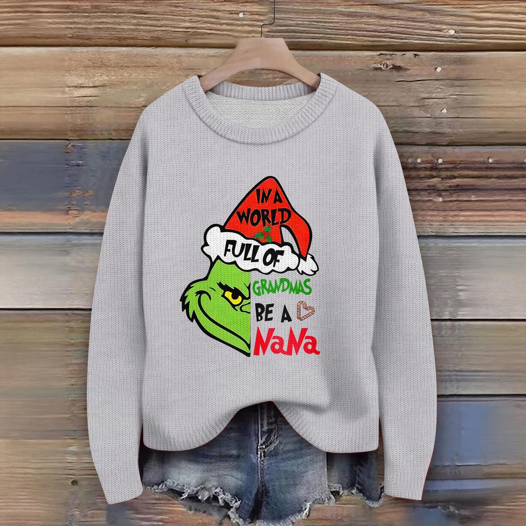 Women's Christmas Print Cardigan Long Sleeve Round Neck Knit Top