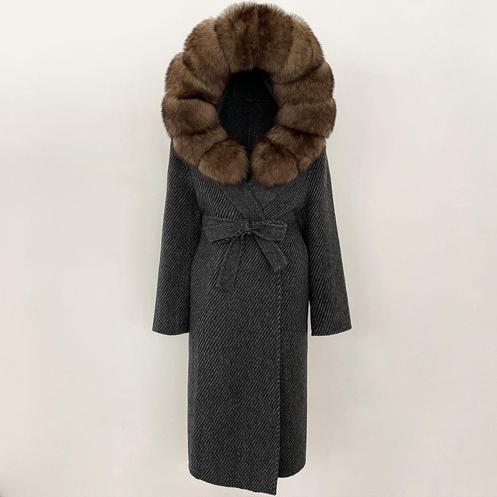 OFTBUY Winter Women Coat Real Natural Fox Fur Hooded Detachable Collar Double-faced Woolen Jacket Long Casual Elegant Overwears