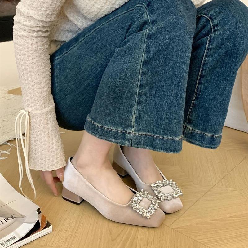 French Xiaoxiangfeng rhinestone square buckle single shoes women's spring 2025 new thick heel square heel soft sole shallow mouth single shoes