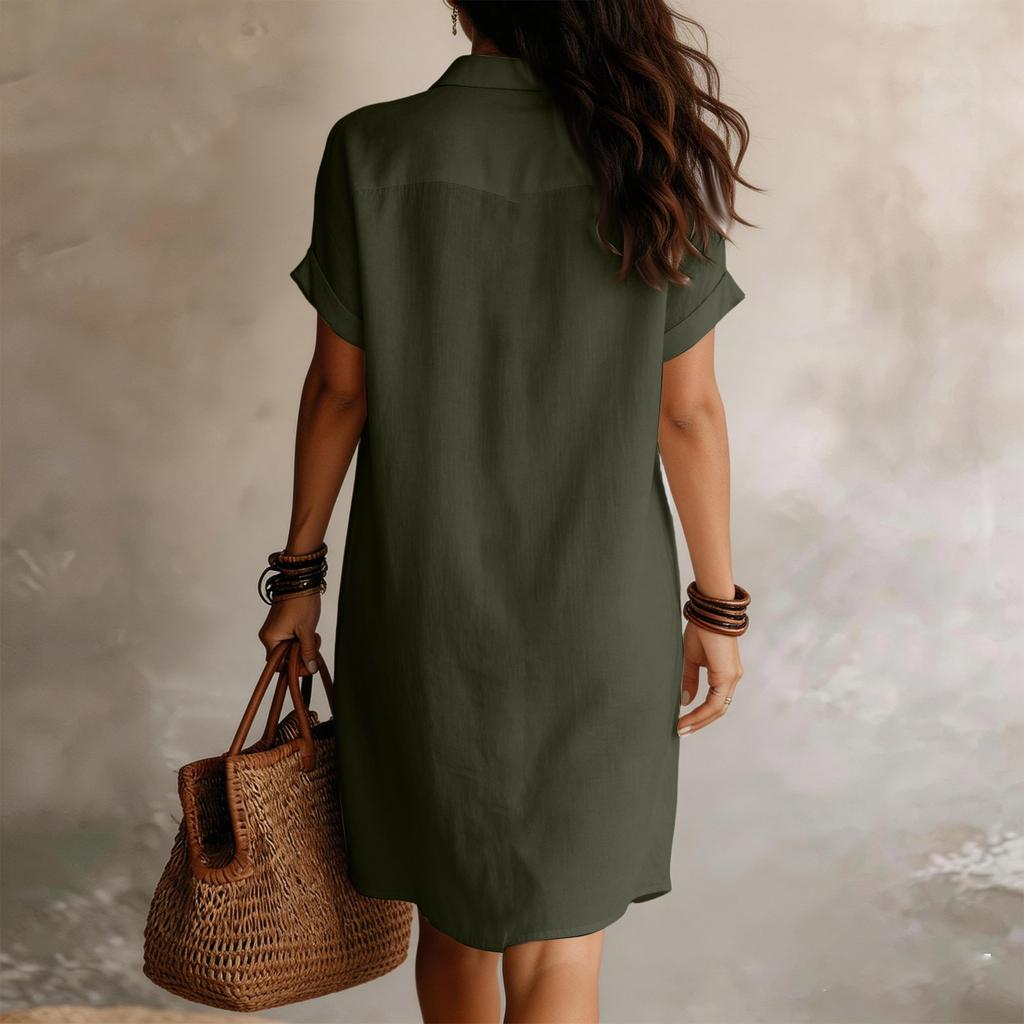 Loose Fit Button Down Shirt Dress Short Sleeve Casual Collar Design Lightweight Fabric Knee Length