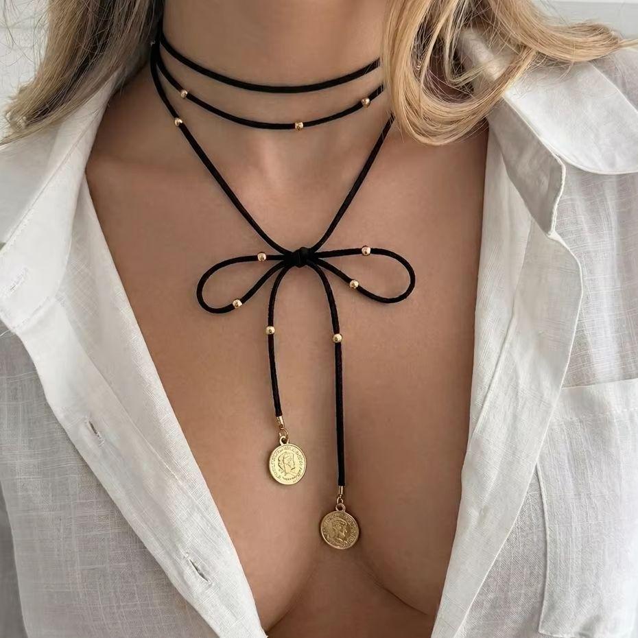 Vintage Black Velvet Bowknot Choker Necklace for Women Round Coins Weave Knotted Pendant Multilayer Necklace Y2K Jewelry Gift