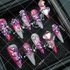 Press-On Nails With Pink Gradient Sparkle Hearts Butterflies Floral Design Acrylic False Women Long Style