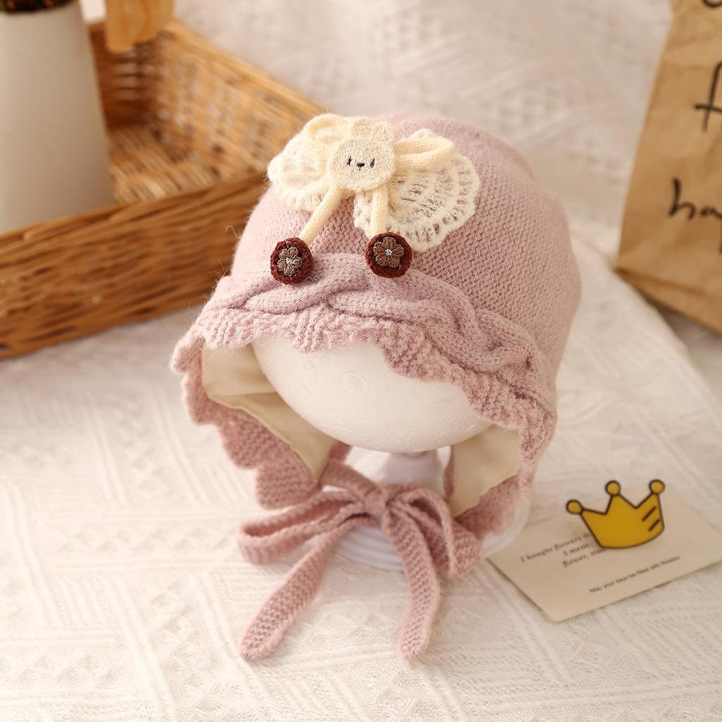 Jesienno-zimowa urocza dziergana wełniana czapka dla małych dziewczynek z ochroną uszu