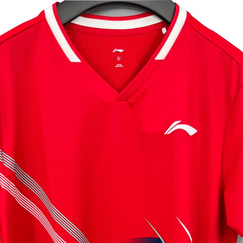 Li-Ning Quick-Dry Comfortable Casual Breathable Sports Training V-Neck Pullover Short Sleeve Badminton Shirt Men Tops Red AAYV051-5