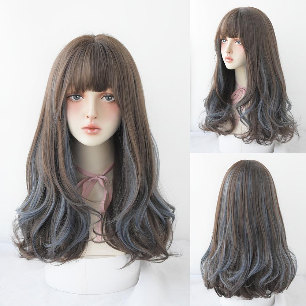 Lange Lockige Haare Damen Perücke mit Pony Täglich Braun Schwarz Rosa Lolita Cosplay Geflochtene Perücken Hitzebeständige Faser Party Kunsthaar