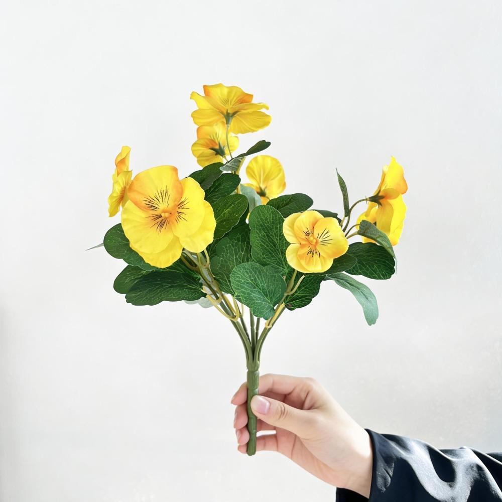 30cm Artificial Pansy Flowers Bouquet UV Resistant Five Fork Silk Fake Flowers Silk Tricolor Violet Artificial Green Plants