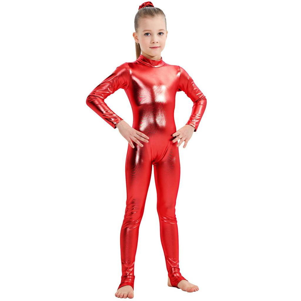 Copii Strălucitor Metalic O Bucată Mânecă Lungă Corp Întreg Gimnastică Balet Dans Leotard Salopetă Fete Elastic Unitard Îmbrăcăminte de Dans