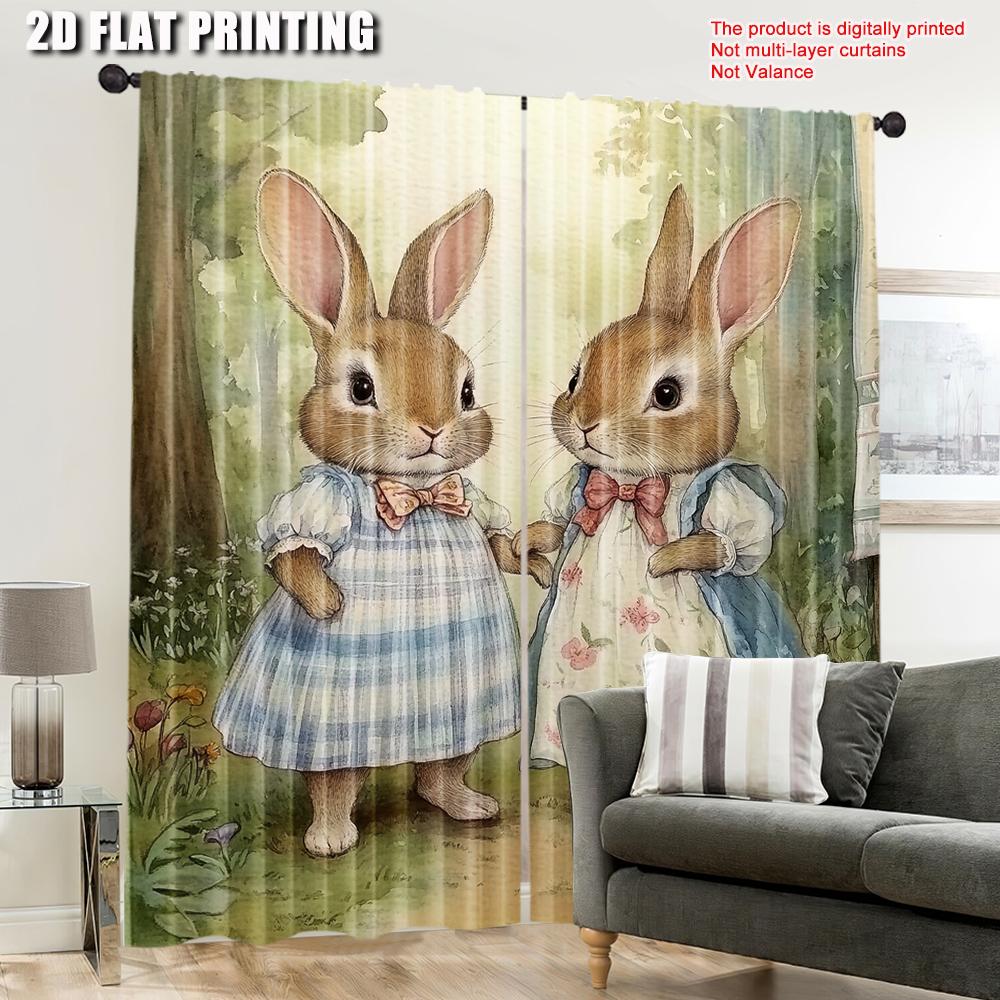 Victorian Rabbit Sisters Curtains Featuring Pair Young Bunnies Dresses Home Living Room Bedroom Kitchen Set Of 2 Made Polyester Sitting Decor