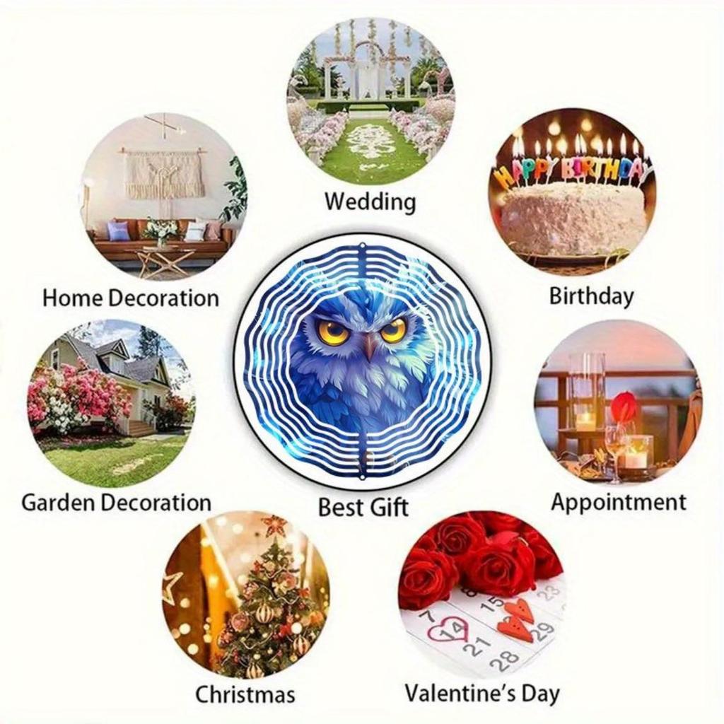 Metall Eule Windspiel Außengartendekor Rotierendes Windspiel mit Blauem Gelbem Eulen-Design für Terrasse Hof Vogelabwehr