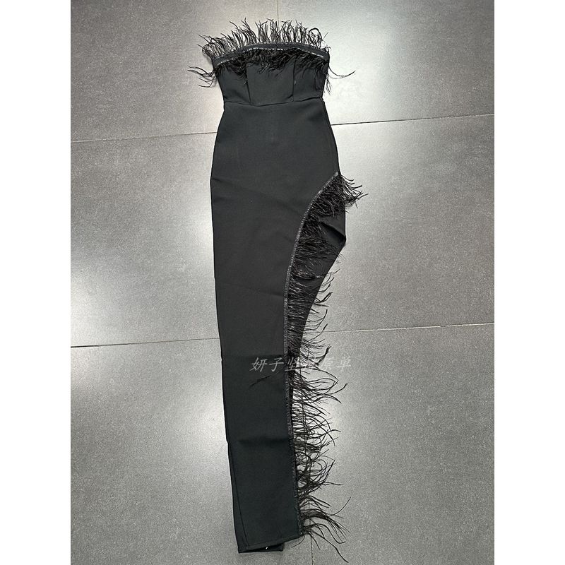 Export Single Catwalk Fashionable Cocktail Party Bandage High Slit Tube Top Feather Edge High Waist Sexy Slim Hip Dress