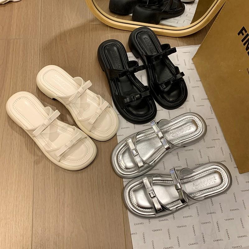 Fashion Fashion Straps Summer Beach Shoes 4.5cm Square Heels Slippers Women Sweet Bow Mulers Outside Summer Sandals Slides Women