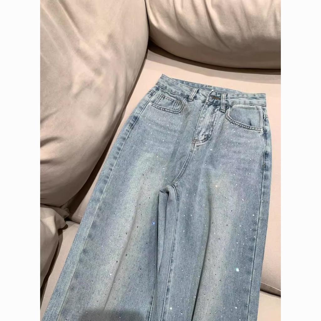Damen Jeans Gerade Diamanten Hose Stretch Hohe Taille Gewaschen Mom Jeans Y2k Streetwear Hosen Vintage Denims Streetwear