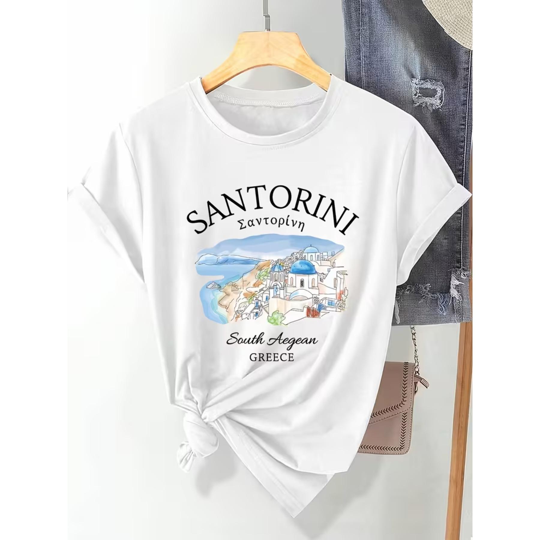 

Женская футболка Санторини Греция - Топ с коротким рукавом и круглым вырезом с греческим принтом - Море Эгейское и Кальдера Санторини - Повседневный Летний Весенний S