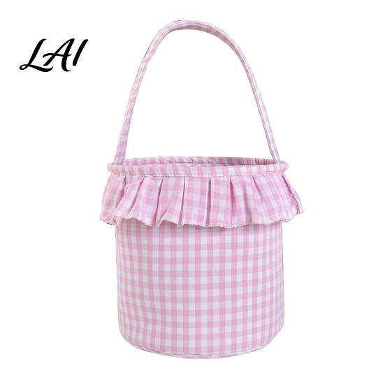 Festive Party Favor Holders Halloween Basket Plaid Ruffle Trick or Treat Candy Bucket with Handle Baskets for Kids Reusable Gingham Fabric