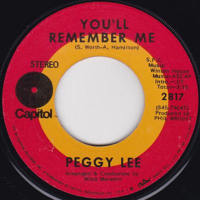 Disc de 7 inch PEGGY LEE - You'll Remember Me / Have You Seen  2817 Capitol Records 1970 SUA Pop Folosit