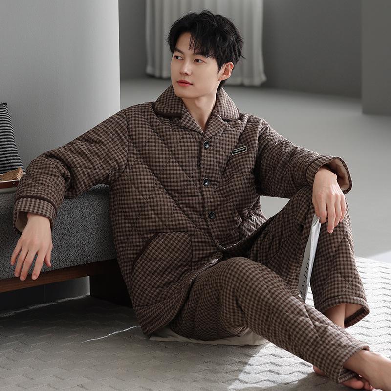 Pyjama d'hiver rembourré en coton épais à trois couches 100 % pur pour homme, veste rembourrée, vêtements d'intérieur chauds pour homme automne et hiver, grande taille