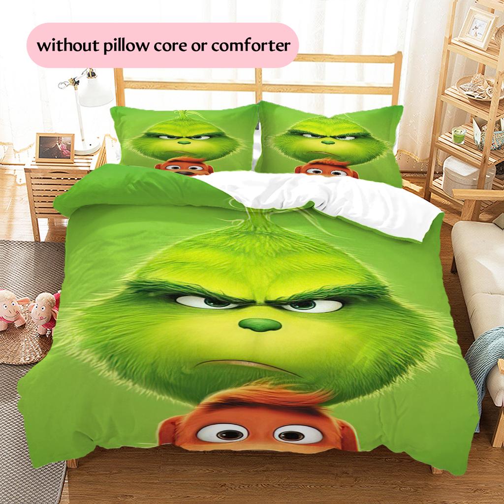 1 Stück Grinch-Muster Bettwäsche Steppdecke Set Bettbezug Kissenbezug Heimdekoration Geburtstagsgeschenk (1 Bettbezug + 2 Kissenbezüge, ohne Füllung)