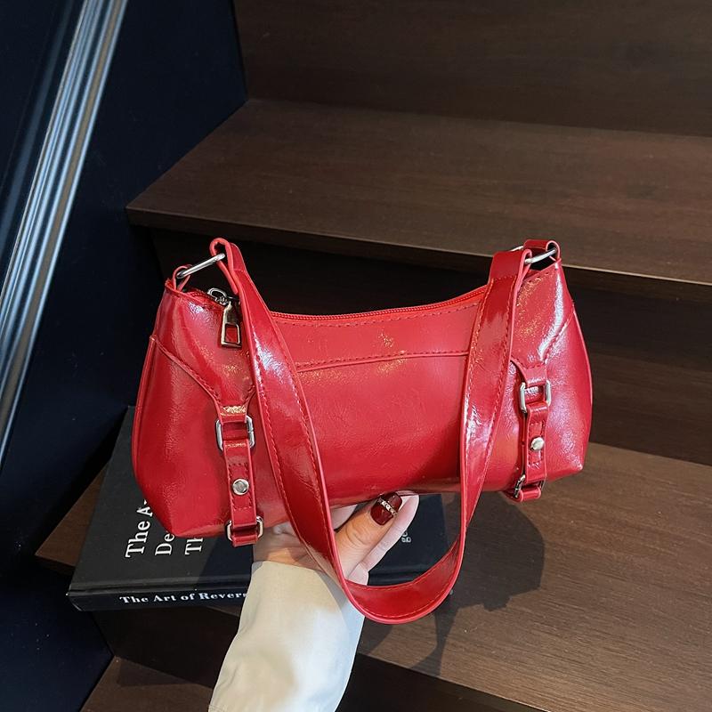 Casual Mini Shoulder Bag Glossy Finish Hardware Detail Lightweight PU Zipper Underarm Bag for Daily Commute & Shopping