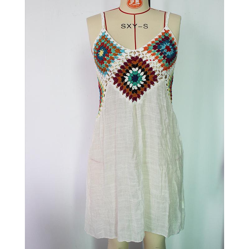 Dámské ruční háčkování patchwork barevný vzor svetr s výstřihem do V dutý prodyšný plážový bikiny zahalovací šaty