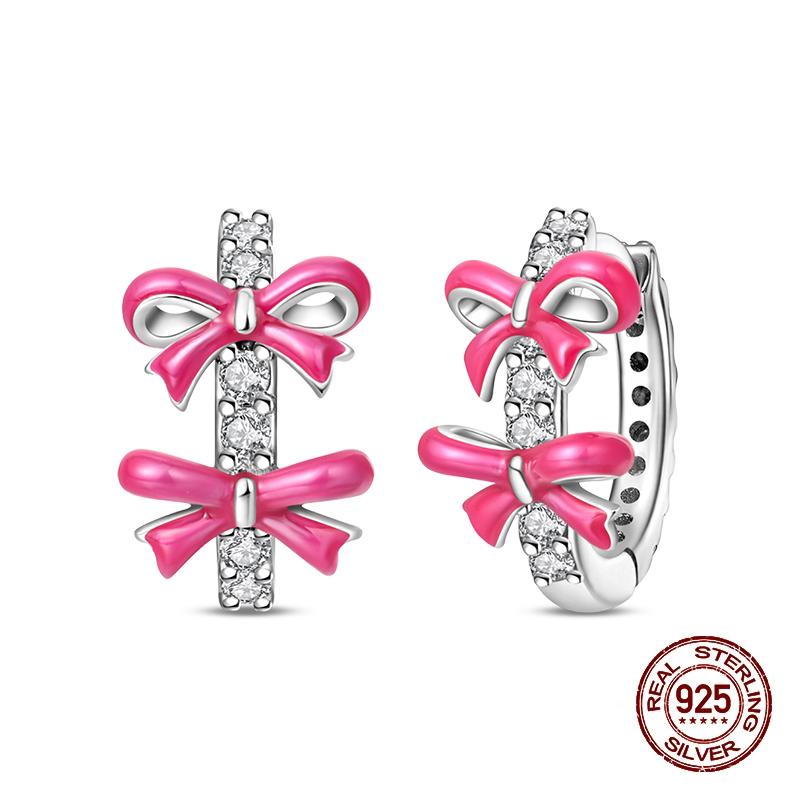 New Earring For Women 925 Silver Sparkling Cordate Zircon Pink Bow Princess Double Hoop Earrings Luxury Festival Party Jewelry