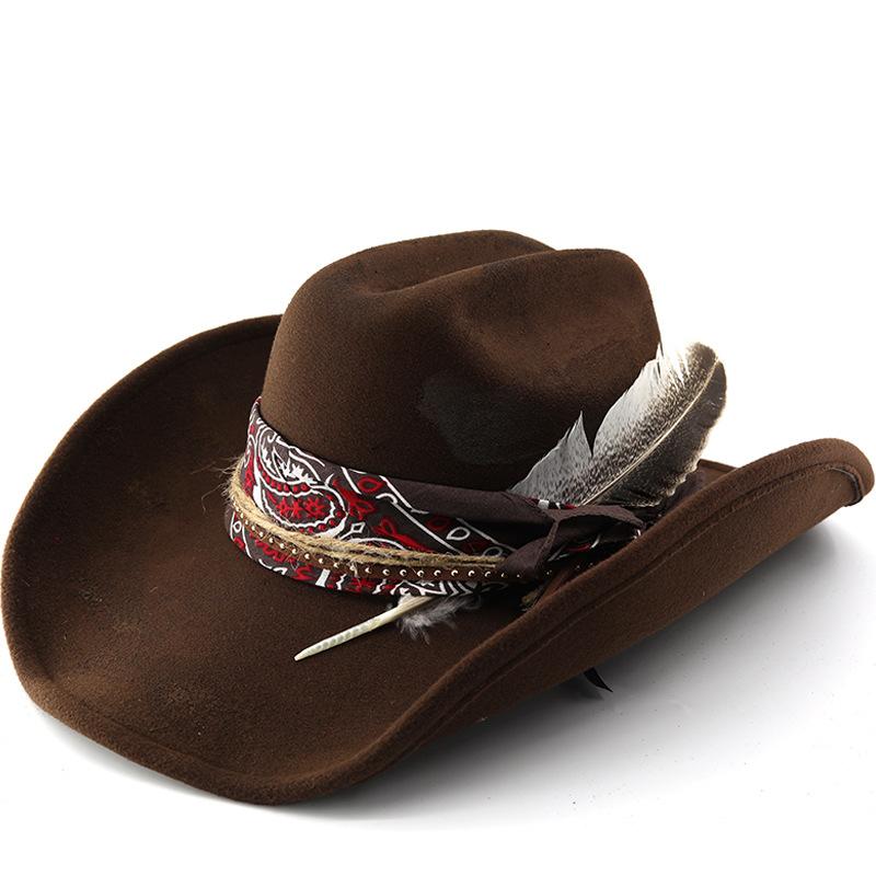 Hot fire retro old style western cowboy hat fashion men's and women's wool outdoor big feather warped edge felt hat