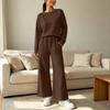 Women's Casual Long Sleeve Two-Piece Set - Round Neck Top with Elastic Drawstring Waist Wide Leg Pants and Pockets
