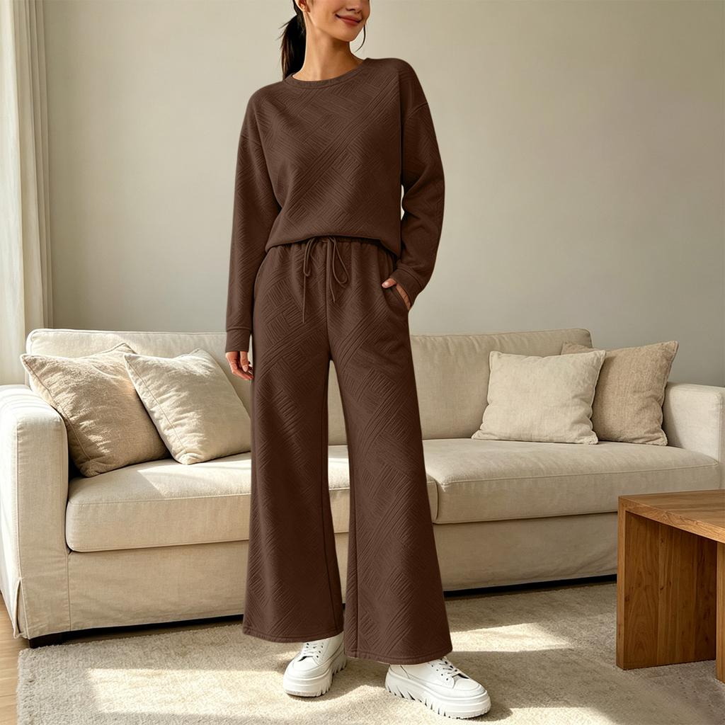 Women's Casual Long Sleeve Two-Piece Set - Round Neck Top with Elastic Drawstring Waist Wide Leg Pants and Pockets