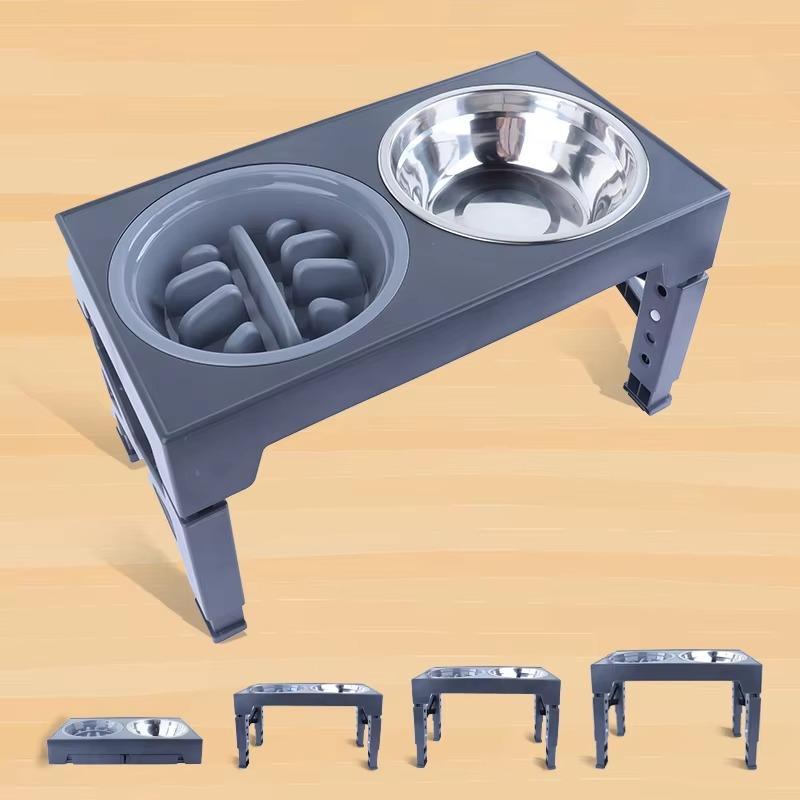 4 Height Adjustable Raised Ceramic Pet Elevated Dog Feeder With Slow Food Bowl + Stainless Steel Bowl