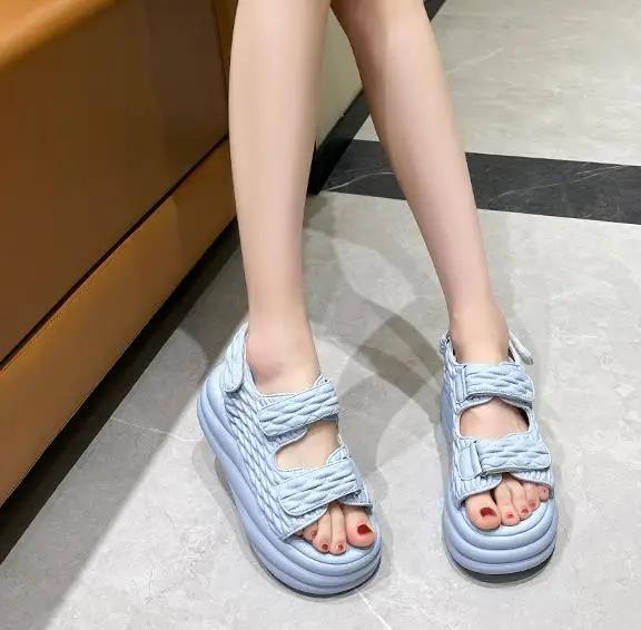 

Top quality 7CM Microfiber Synthetic Leather Hook Pumps Summer Platform Wedge Flats Fashion Women Peep Toe Sandal Slippers Shoes 34