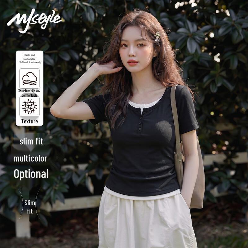 MJ STYLE Women s Faux Two-Piece Short Sleeve T-Shirt L