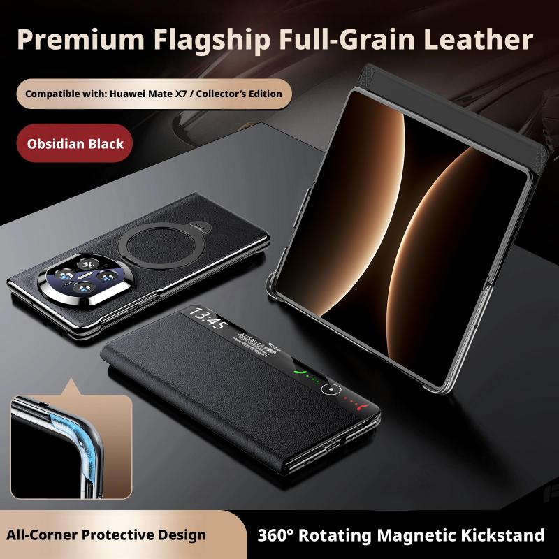 Premium Genuine Leather Magnetic Case For Huawei Mate X7 X6 X5 Smart Touch View No Flip For Answering Rotating Bracket Cover