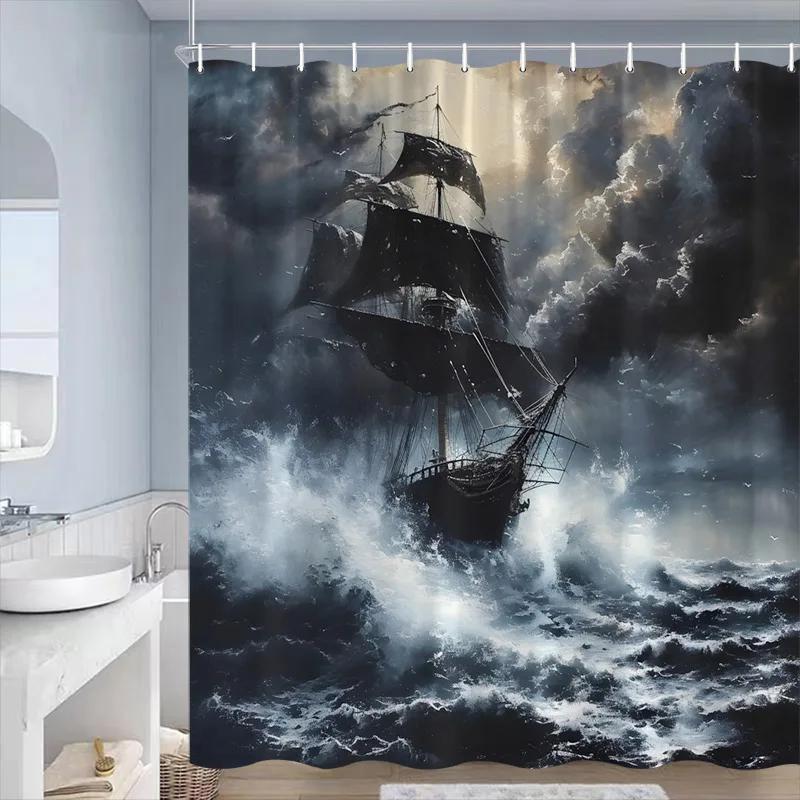 Sea Waves Sailboat Shower Curtains Night Lightning Ocean Nature Landscape Bathroom Curtain Decorative Polyester Cloth with Hooks