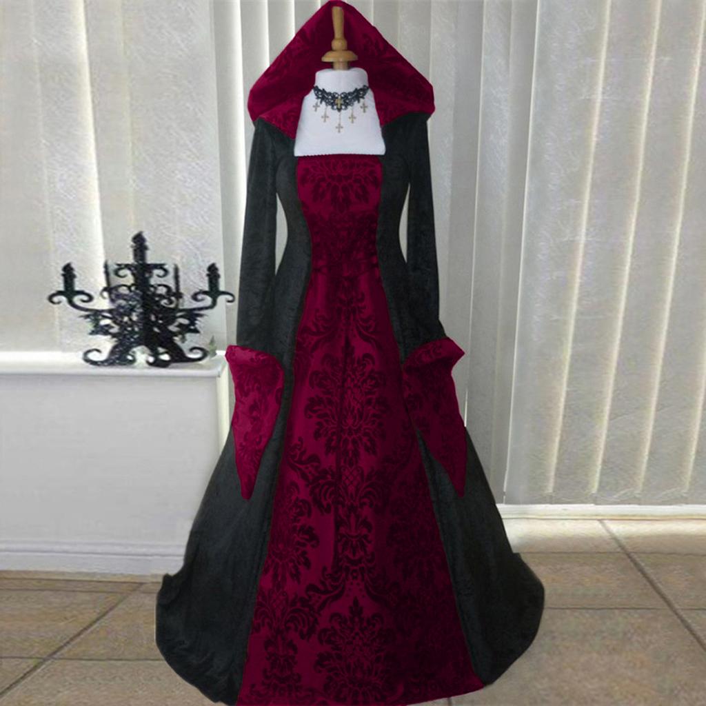 Frauen Vintage Retro Gothic Langarm Kapuzenkleid Lange Kleid Kleider