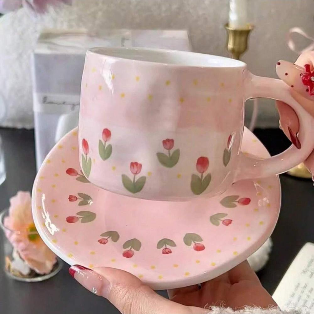 

Набор керамических кофейных чашек и блюдец «Розовый тюльпан» объемом 250 мл. Ручные кофейные чашки и блюдца. 250ml