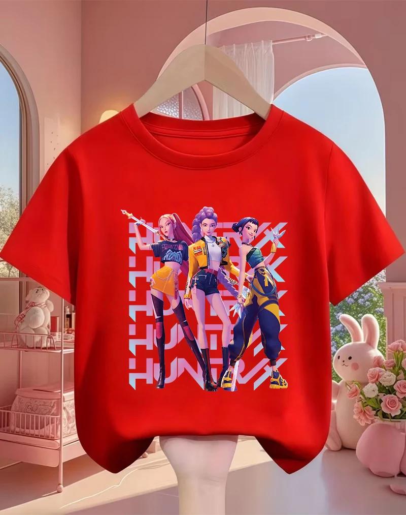 Lovely Cute Kpop Demon Hunters Pattern Kids T Shirt Soft Lightweight Short Sleeve Daily School Casual Round Neck Apparel