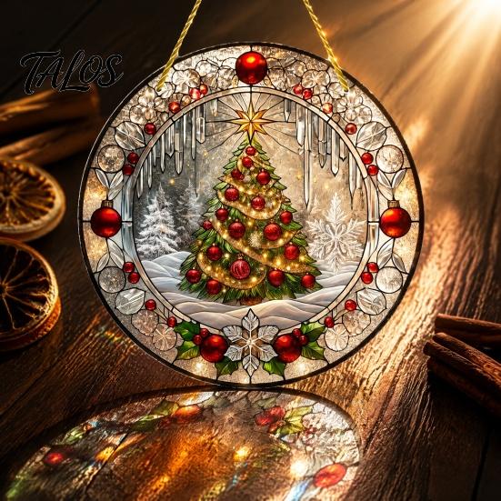 Clear Acrylic Holiday Wall Art Stained Glass Style Window Hanging, Christmas Tree Snow Scene Transparent Hanging Ornaments Suncatcher, Door Home Decor