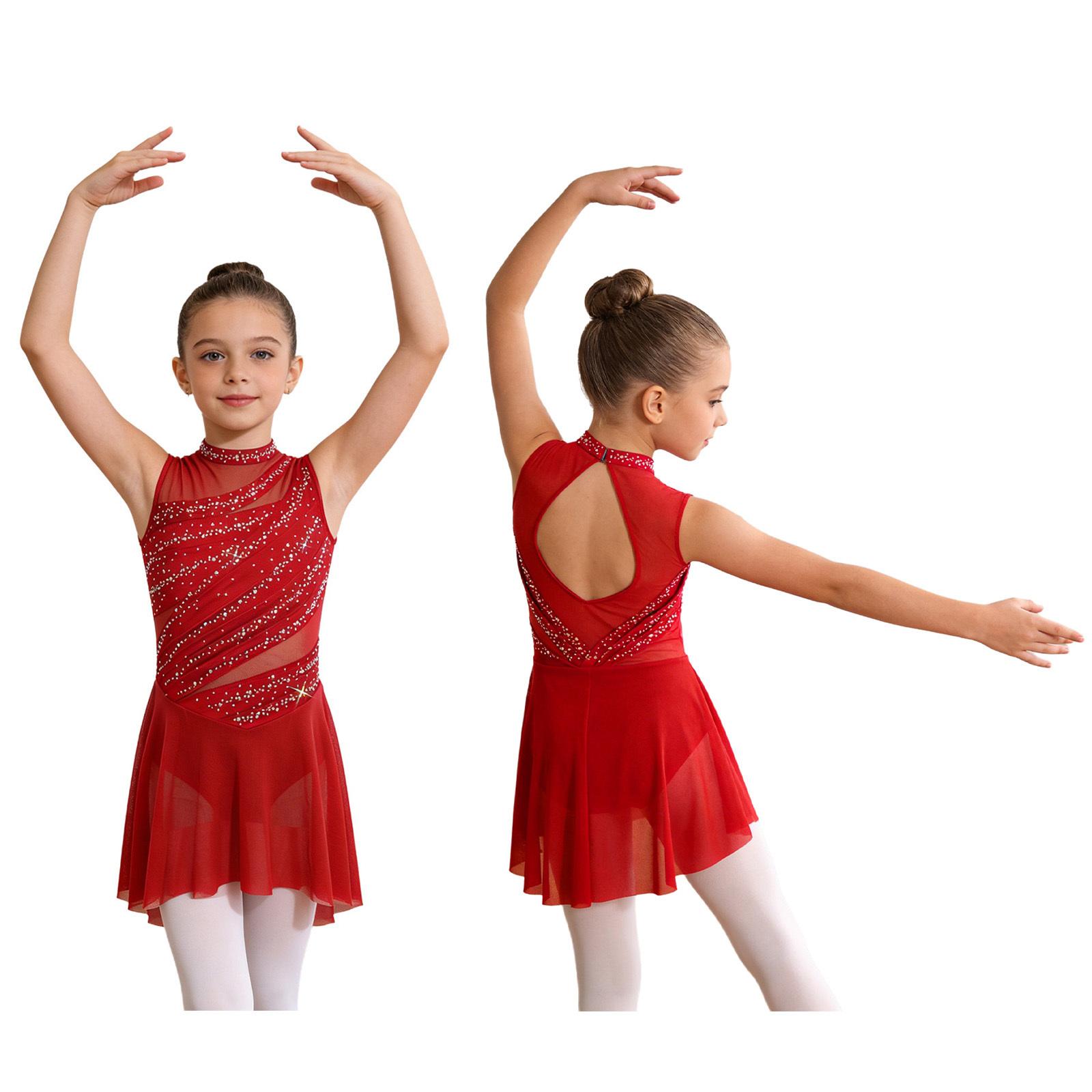 Lyrisches Tanzkleid für Mädchen: Ärmelloses, gerafftes Design mit Rückenausschnitt, transparentem Mesh-Einsatz und asymmetrischem Saum mit Strasssteinen 11-12 Years rot