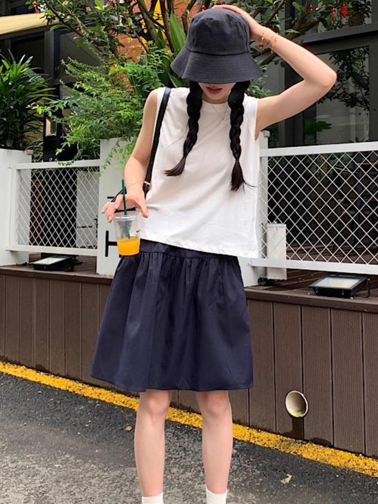 Women's Navy Blue High-Waisted A-Line Skirt, Slimming & Anti-Exposure, Tiered Japanese Academy Style, Half-Length Short Skirt
