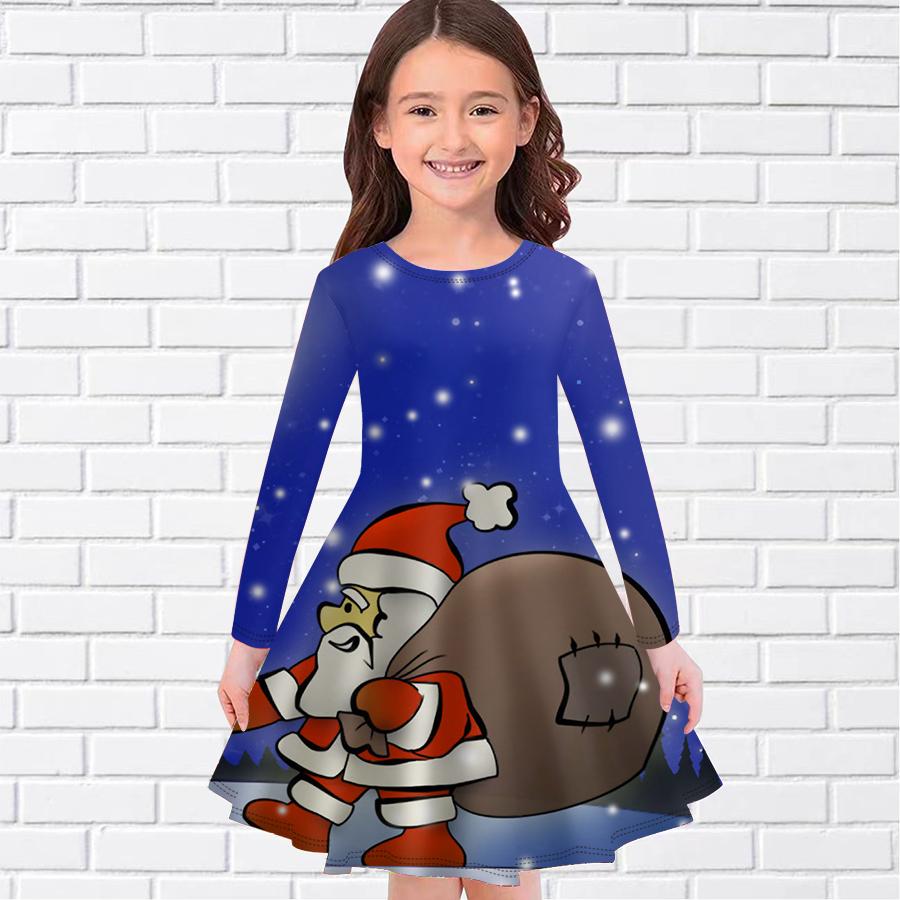 Mädchen Lässig Weihnachten Hauslieferung Print Rundhals Langarm Kleid Kind Prinzessinnenkleid