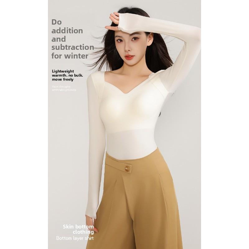 High Elasticity Seamless Base Layer Dress with Long Sleeves, Women's Seamless Inner Layer with Built-in Cup, Casual Style Top, Base Layer Shirt