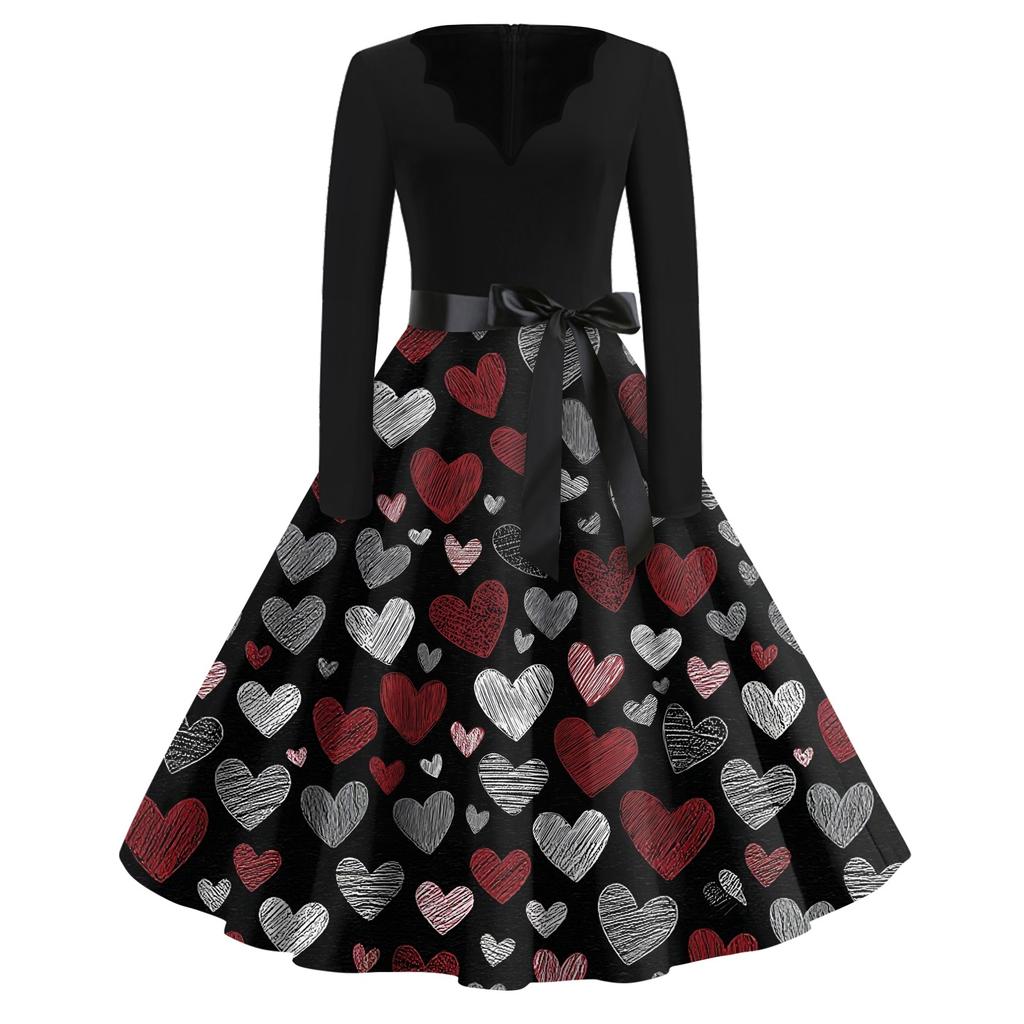 Druck Flared Kleid Für Frauen Langarmkleid Hohl Party Freizeitkleider