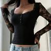 2026 Summer New American-Style Personality Spicy Girl Sexy Long-Sleeve T-Shirt with Lace Splicing and Hollow-Out Black Square-Neck Top