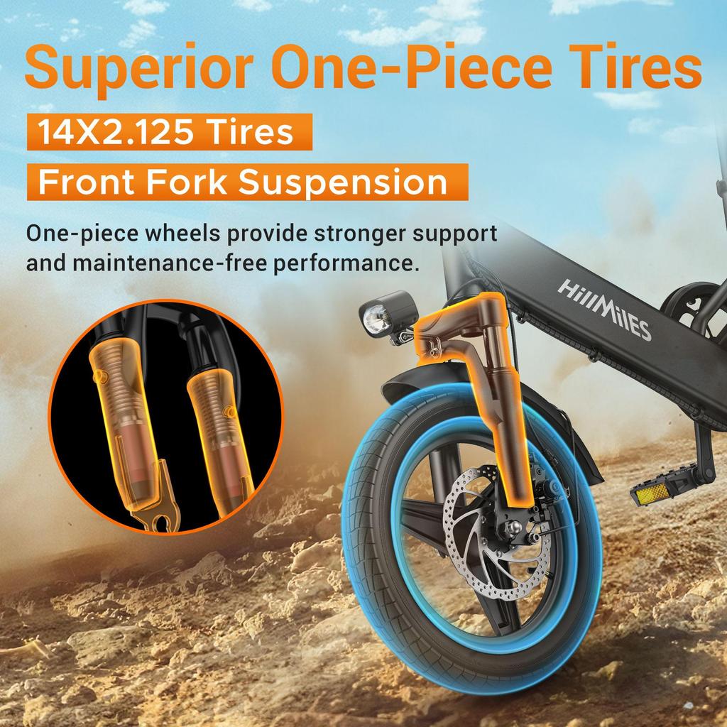 HillMiles Mile 1 Electric Bike 36V 10.4Ah Battery, 250W Motor, 60KM Range, 14*2.125 Inch Tires Foldable E-bike