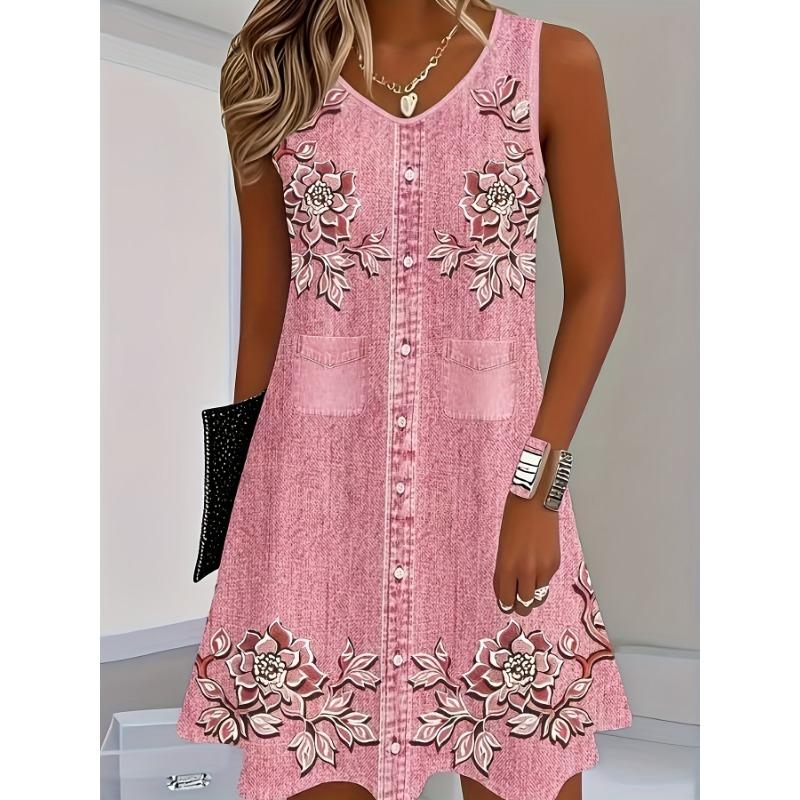 [Printed Dress - Not Faux Denim Fabric]Elegant Spring And Summer New Floral Print Faux Denim