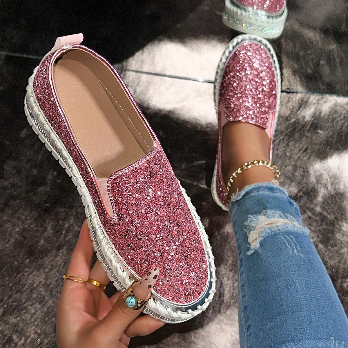 

Women s Bling Rhinestone Decor Flats Comfort Thick Sole Slip On Casual Shoes Woman Fashion Gold Silver Glitter Platform Loafers 43