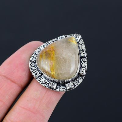 Sterling Silver Golden Rutile Gemstone Statement Stackable Promise Ring Size 7.5