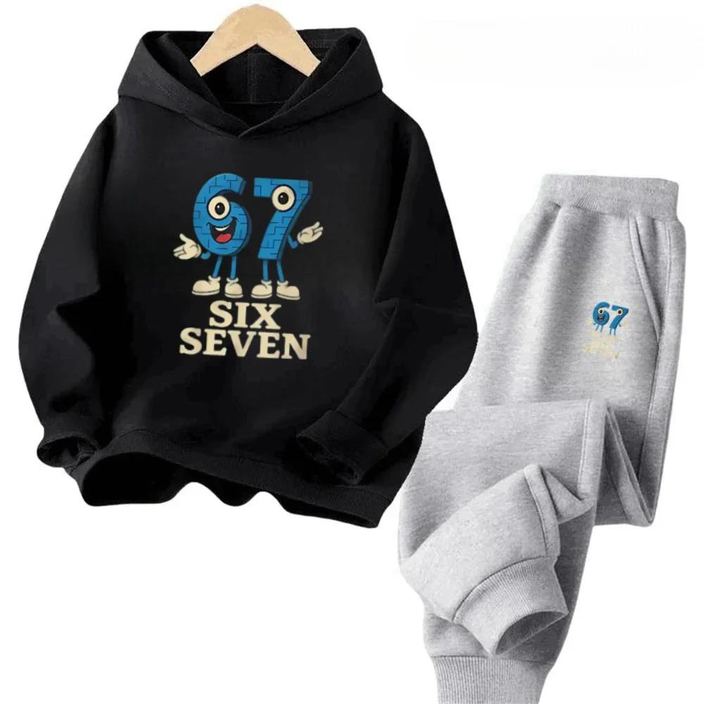 67 Fun Kids Set Cartoon Print Tracksuit Casual Fashion Outfit Children's Hoodies Set Fashion Trend Set Pants Suits