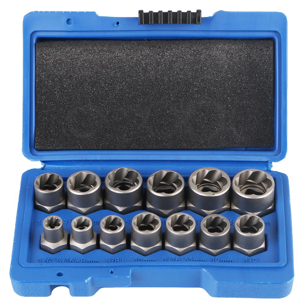 Cr-Mo Steel 14pcs 6.35mm-19mm Hand Tools Bolt Nut Remover Socket Set Damaged Screw Extractor Car Tool Kit