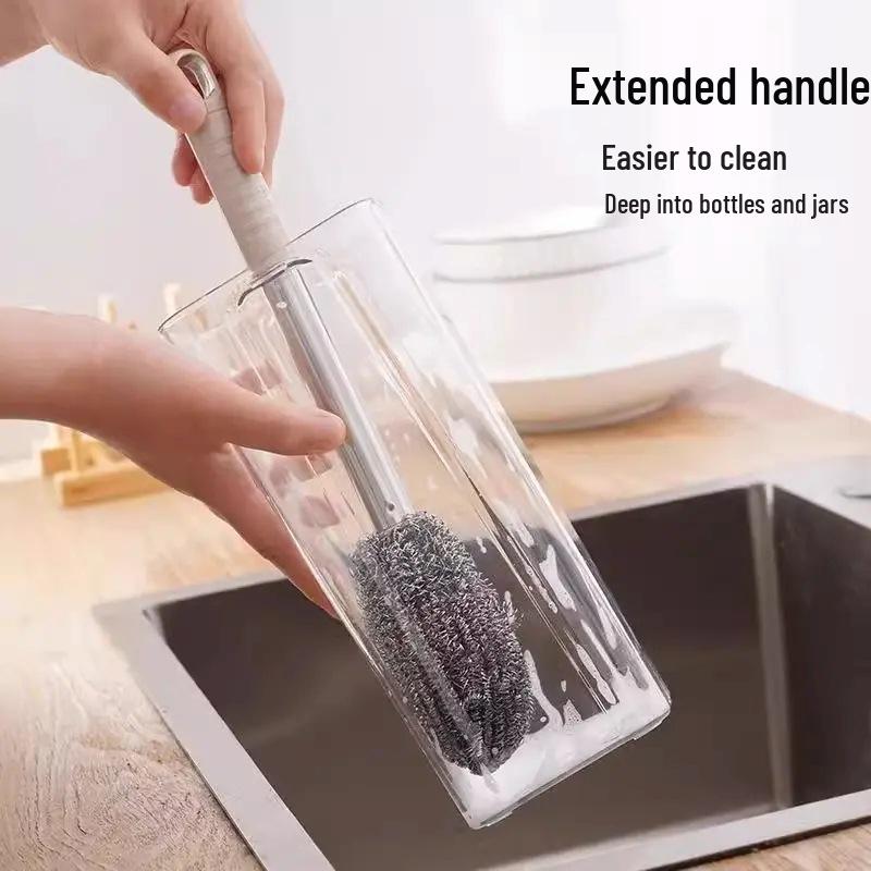Long-Handle Rustproof Steel Wool Brush - Gentle On Hands, Ideal for Cleaning Pots, Bottles, Cans, Bowls, and Stovetops Without Shedding Residue