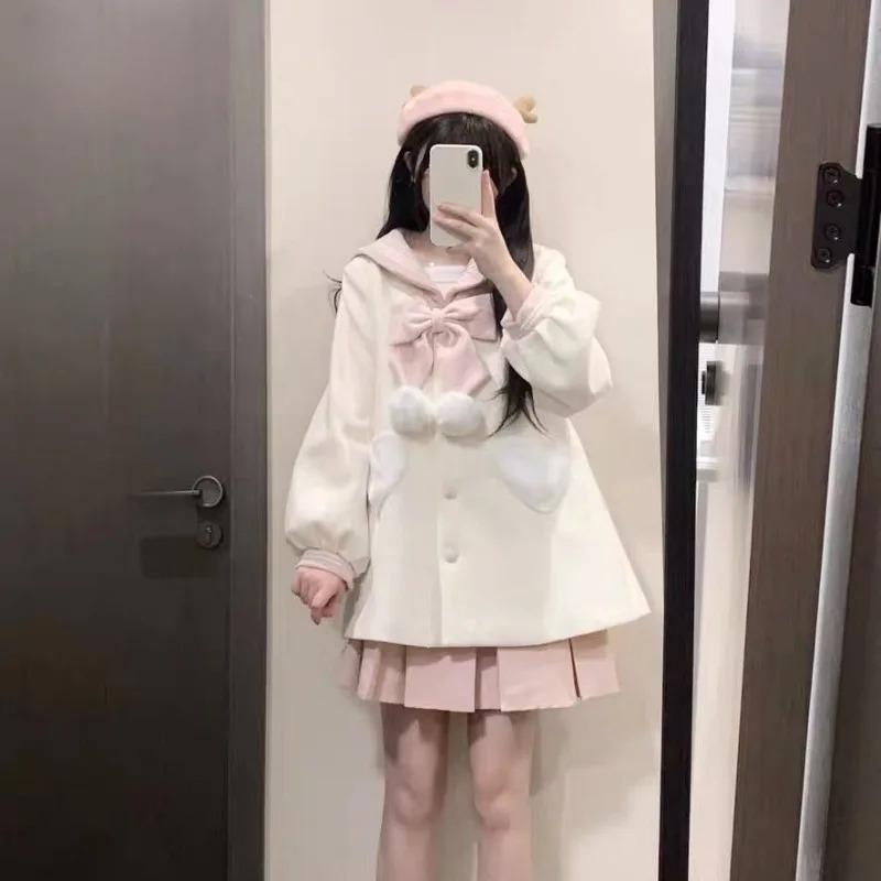 Damefrakker Kontrast Sjømannskrage Sløyfe Enkeltkneppet Hjerte Lomme Søt Aldersreduksjon Allsidig Ullkåpe Dameklær